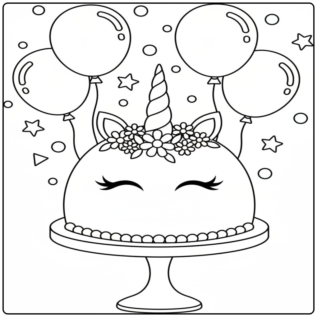 Een feestelijke kleurplaat unicorn taart met ballonnen eromheen.