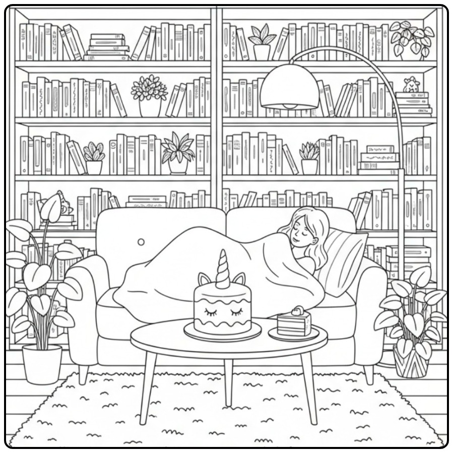 Gezellige kleurplaat unicorn taart met een slapend meisje.