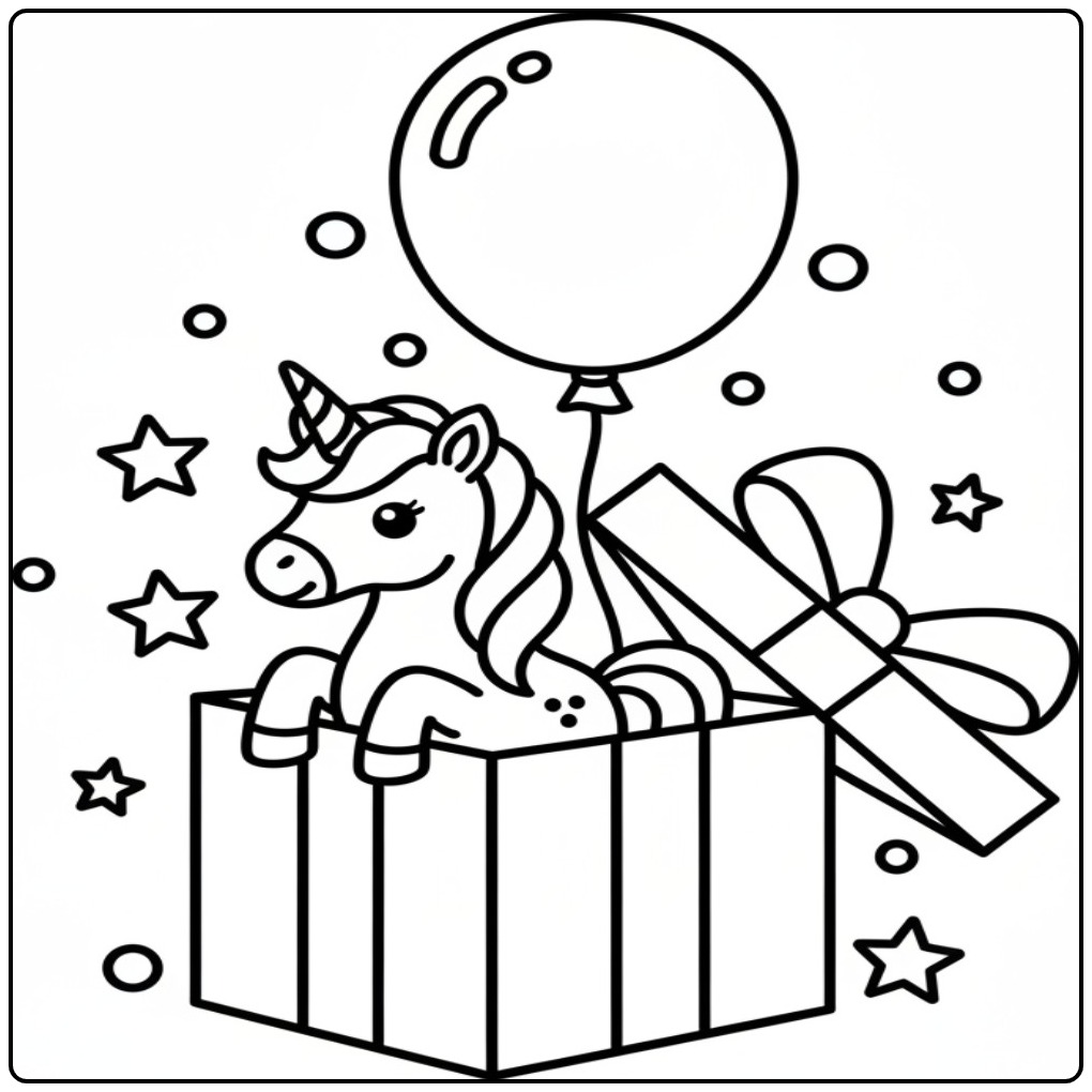 Een leuke kleurplaat unicorn verjaardag met een cadeau.