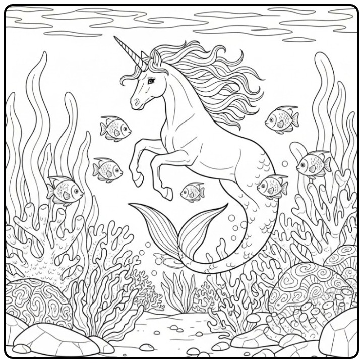 Magische onderwaterwereld kleurplaat unicorn zeemeermin.