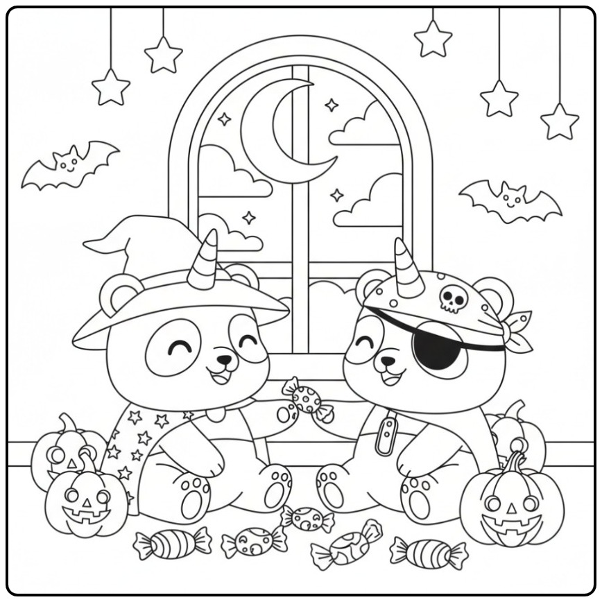 Leuke kleurplaat unicornpanda halloween met pompoenen en snoep.