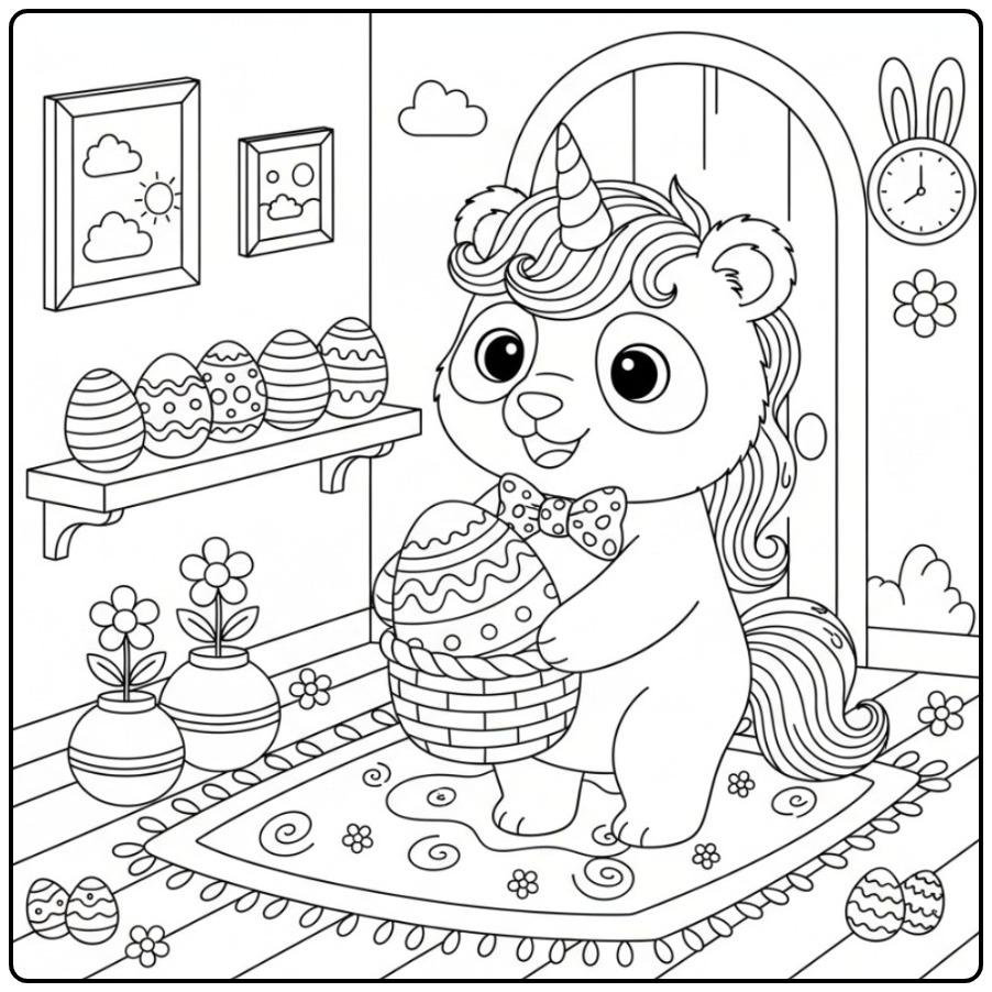 Vrolijke kleurplaat unicornpanda pasen met een grote eier mand.