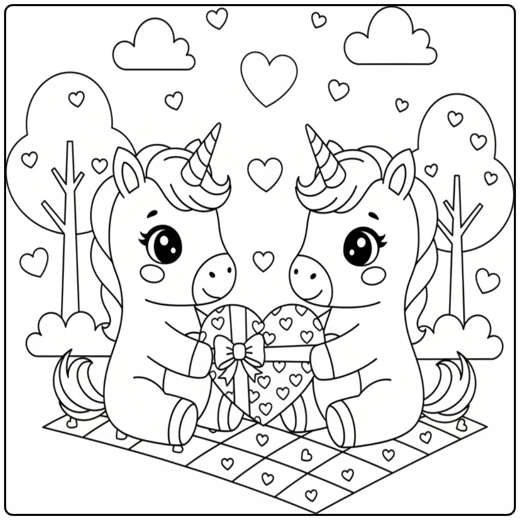 Een leuke kleurplaat van baby unicorn met hartje en een cadeau