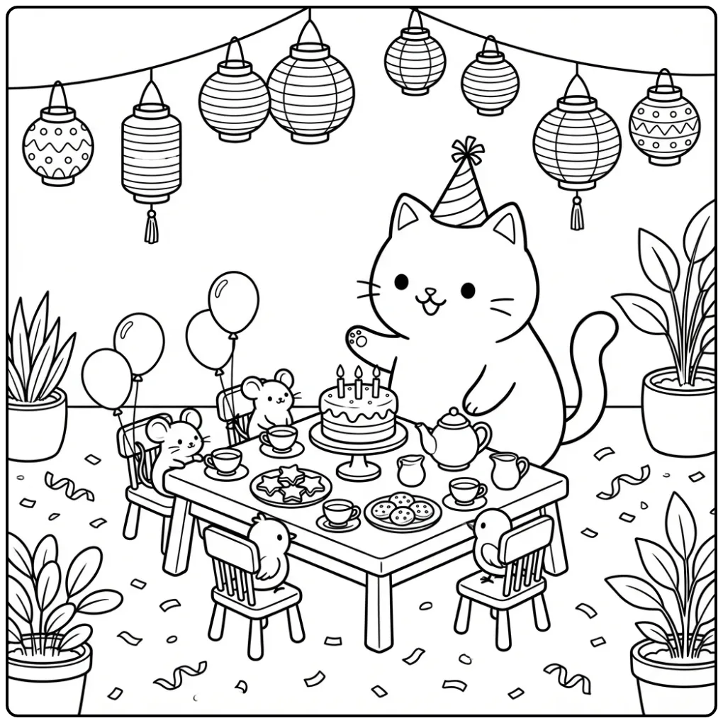 Feestelijke kleurplaat verjaardag kat met ballonnen en taart.