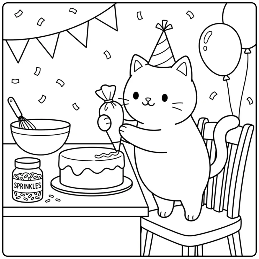 Een vrolijke kleurplaat verjaardag kat die een taart versiert.