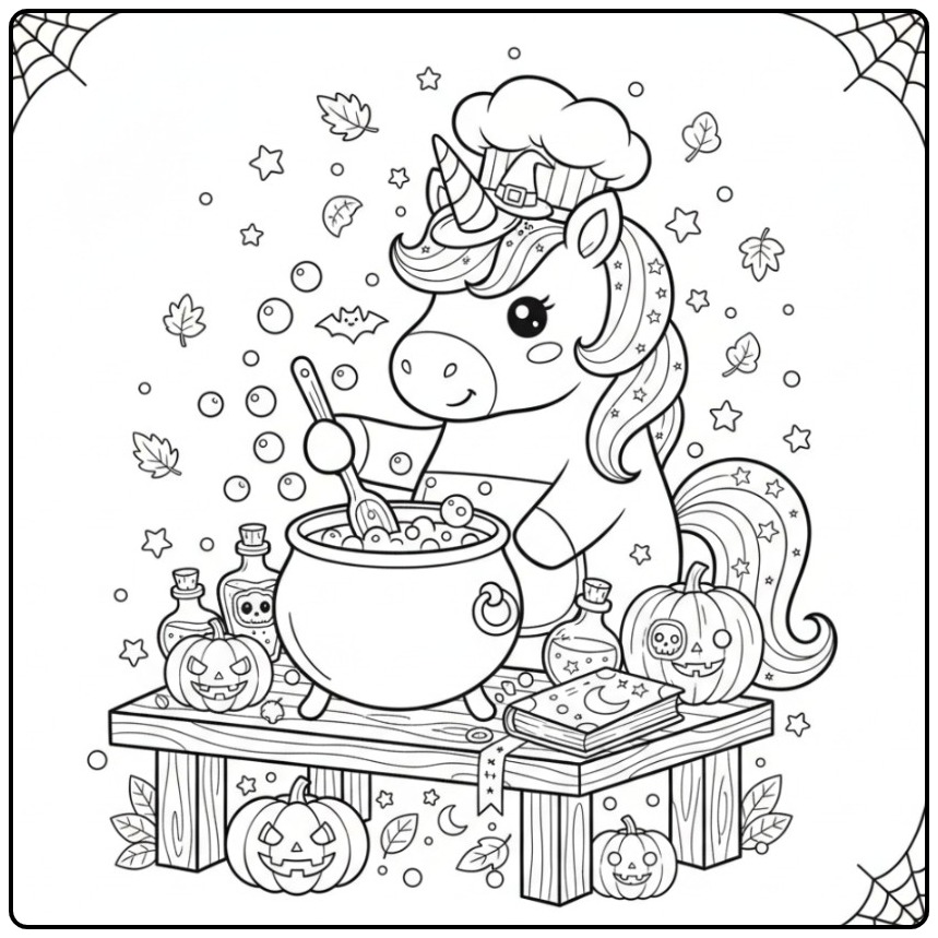Eenhoorn brouwt toverdrank, Makkelijke halloween unicorn kleurplaat.