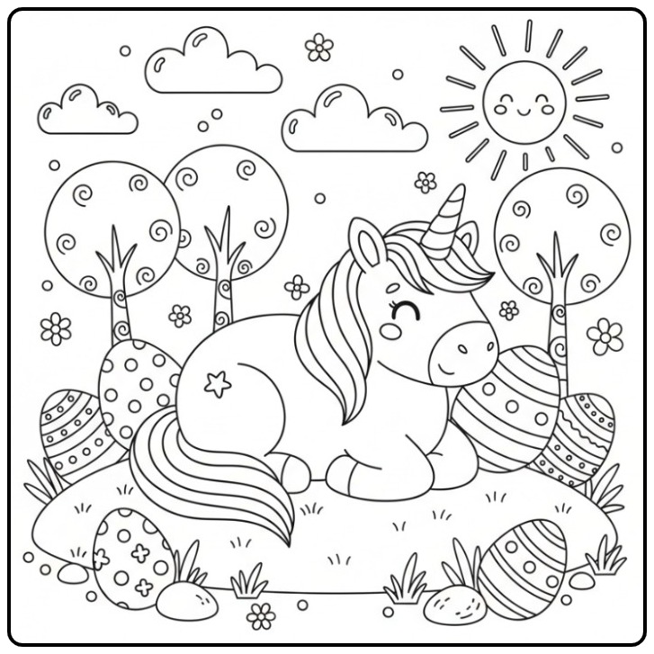 Een lieve Makkelijke paas unicorn kleurplaat met eieren.