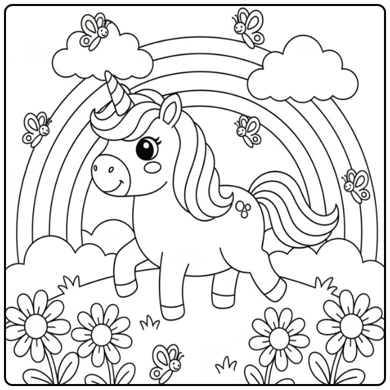 Een Makkelijke unicorn en regenboog kleurplaat met vlinders.