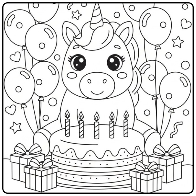 Makkelijke unicorn verjaardag kleurplaat met eenhoorn en taart.