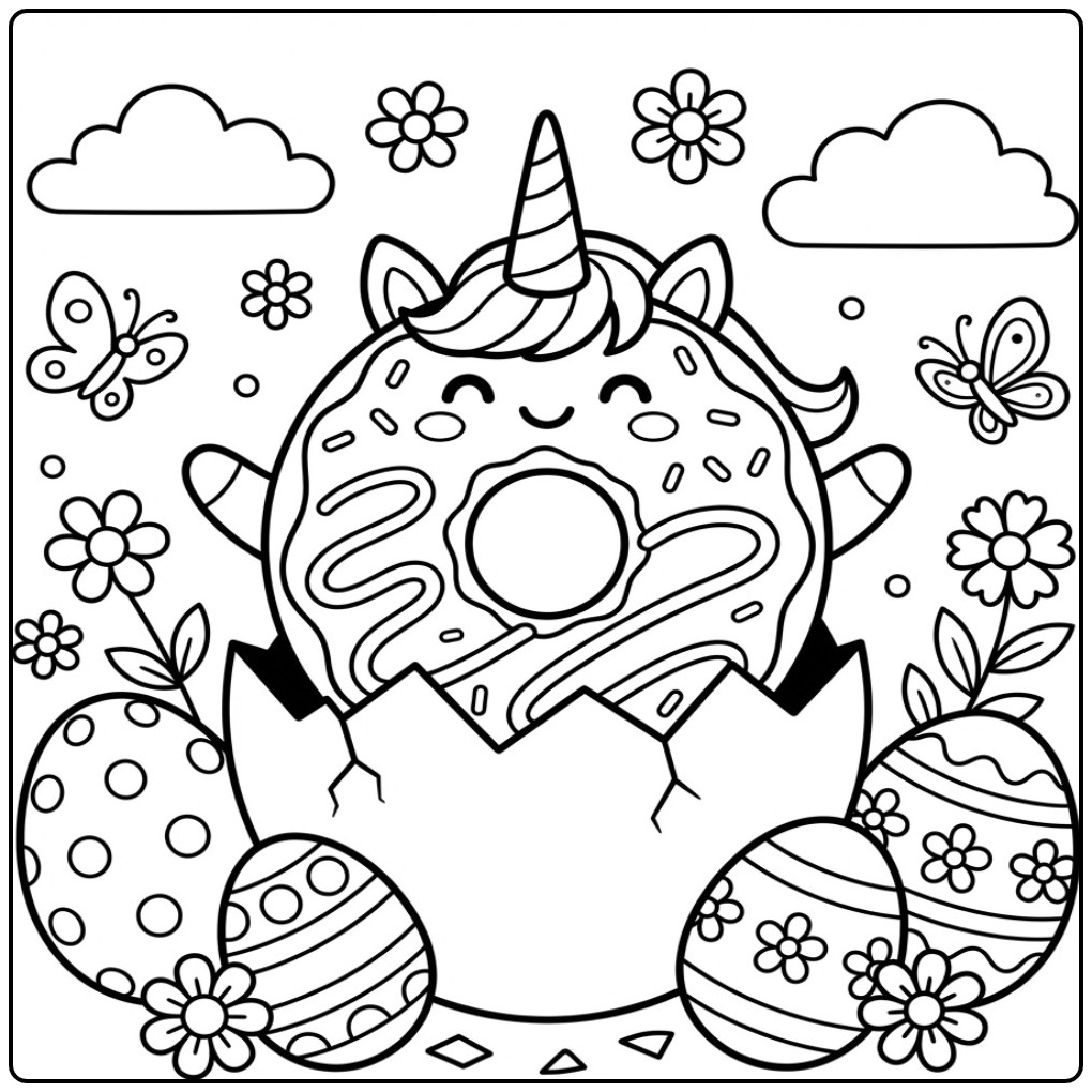 Vrolijke Pasen donut eenhoorn kleurplaat die uit een ei komt.