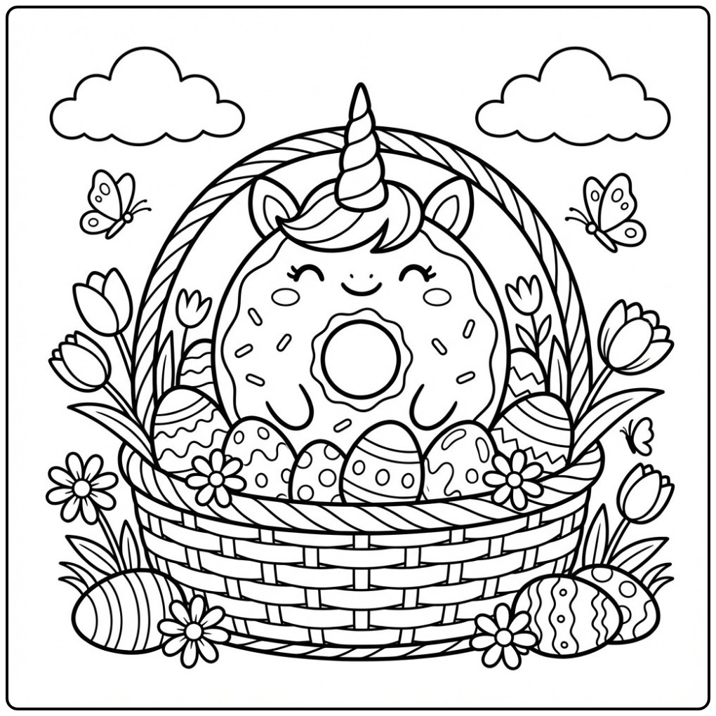Vrolijke Pasen donut eenhoorn kleurplaat in een mand met eieren.