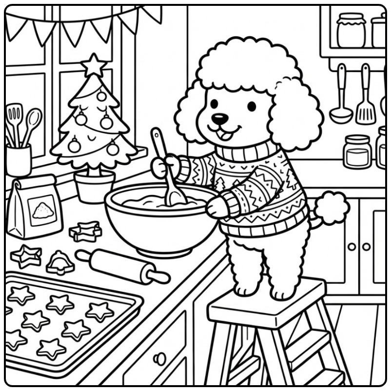 Vrolijke kleurplaat kerst hond die koekjes bakt in de keuken.