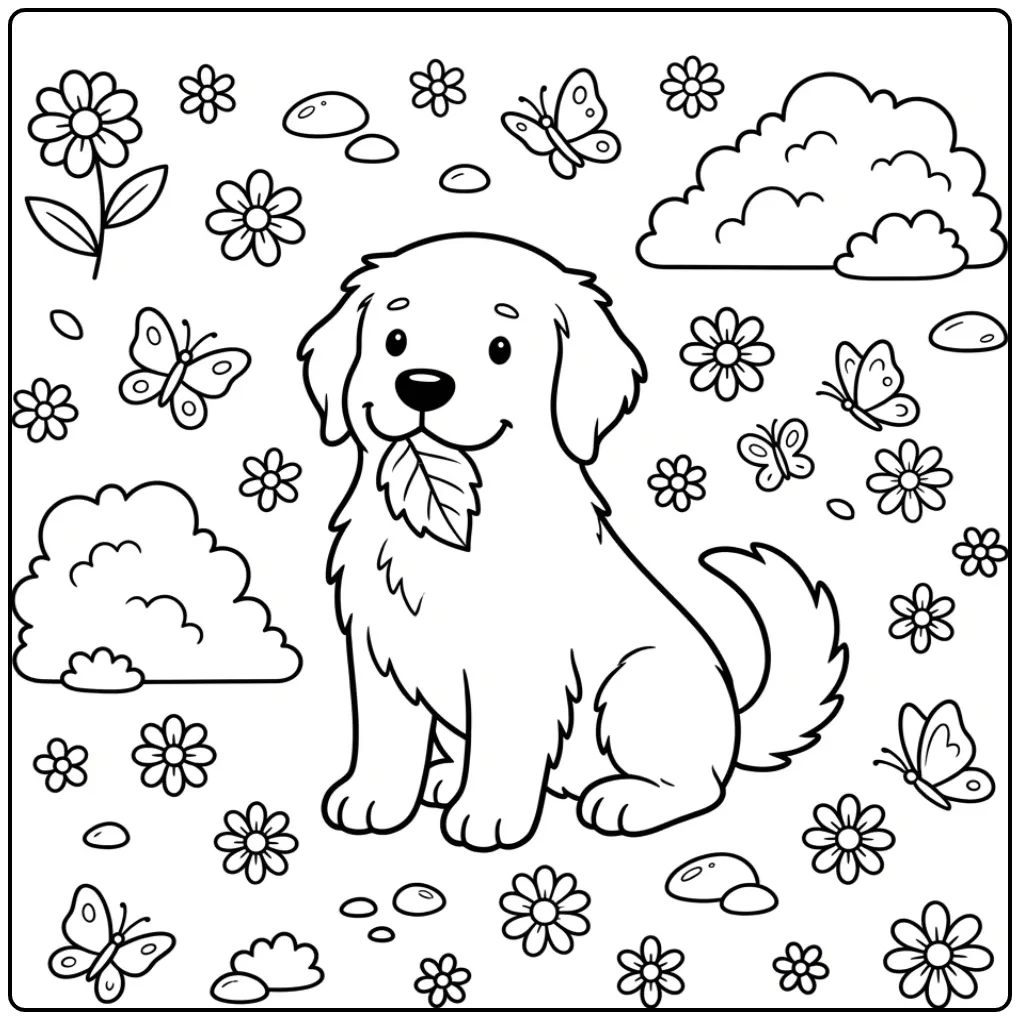 Golden Retriever puppy kleurplaat hond volwassenen in park.