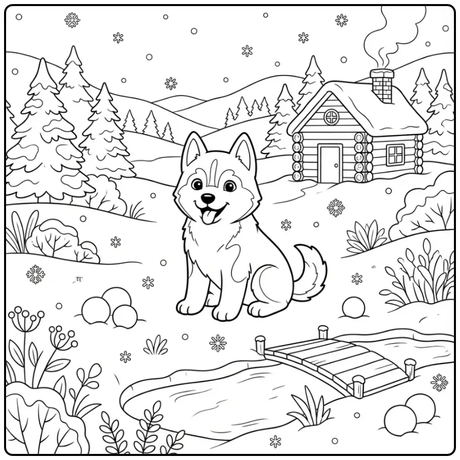 Een puppy kleurplaat hond volwassenen met een speelse husky.