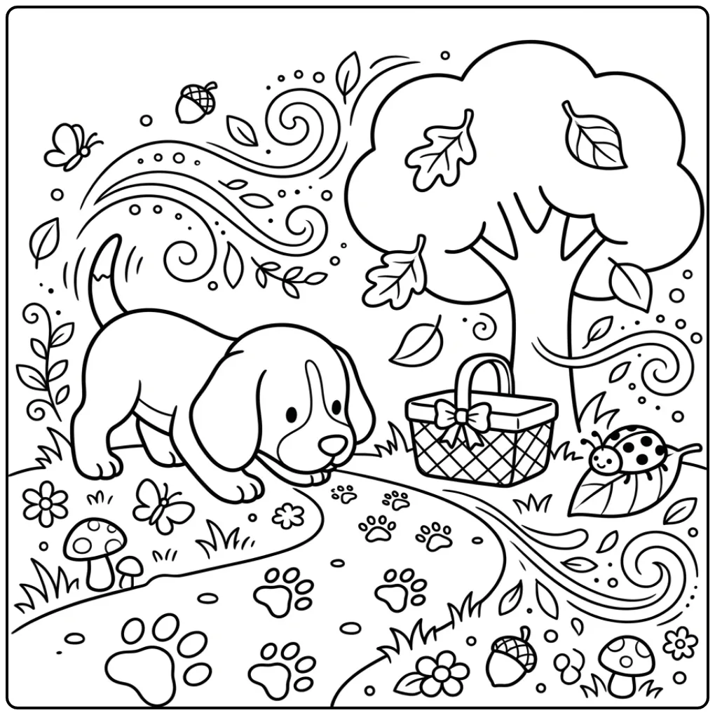 Beagle puppy kleurplaat makkelijk met pootafdrukken en mand.