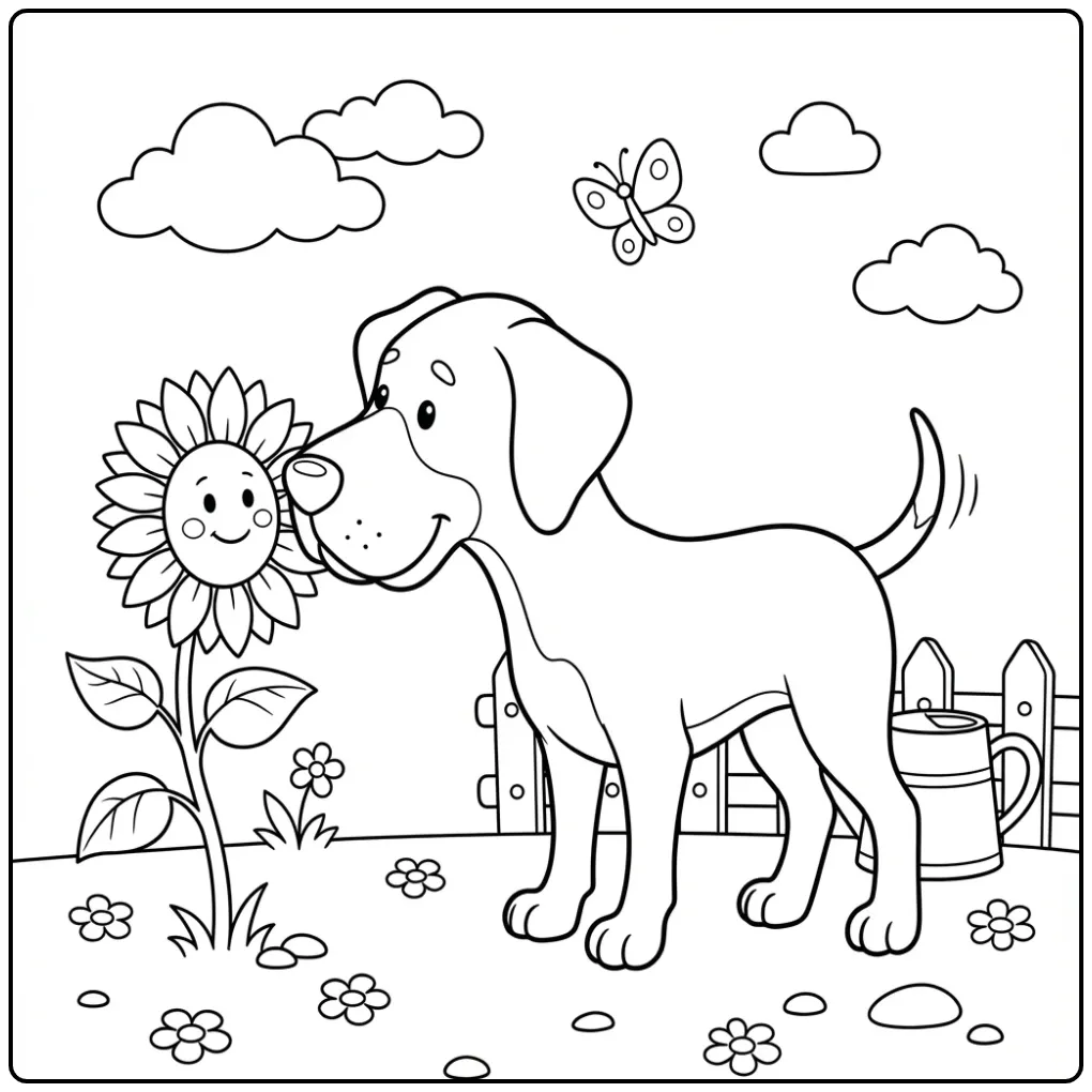 Een leuke puppy kleurplaat makkelijk van een hond en bloem.