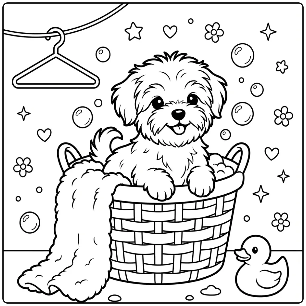 Een leuke puppy kleurplaat makkelijk met hondje in een wasmand.