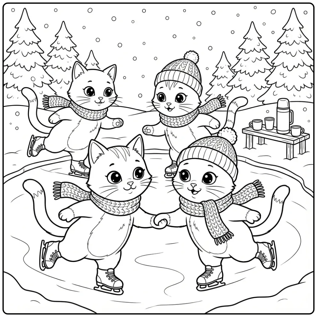 Vier schaatsende katten kleurplaat op een bevroren vijver.