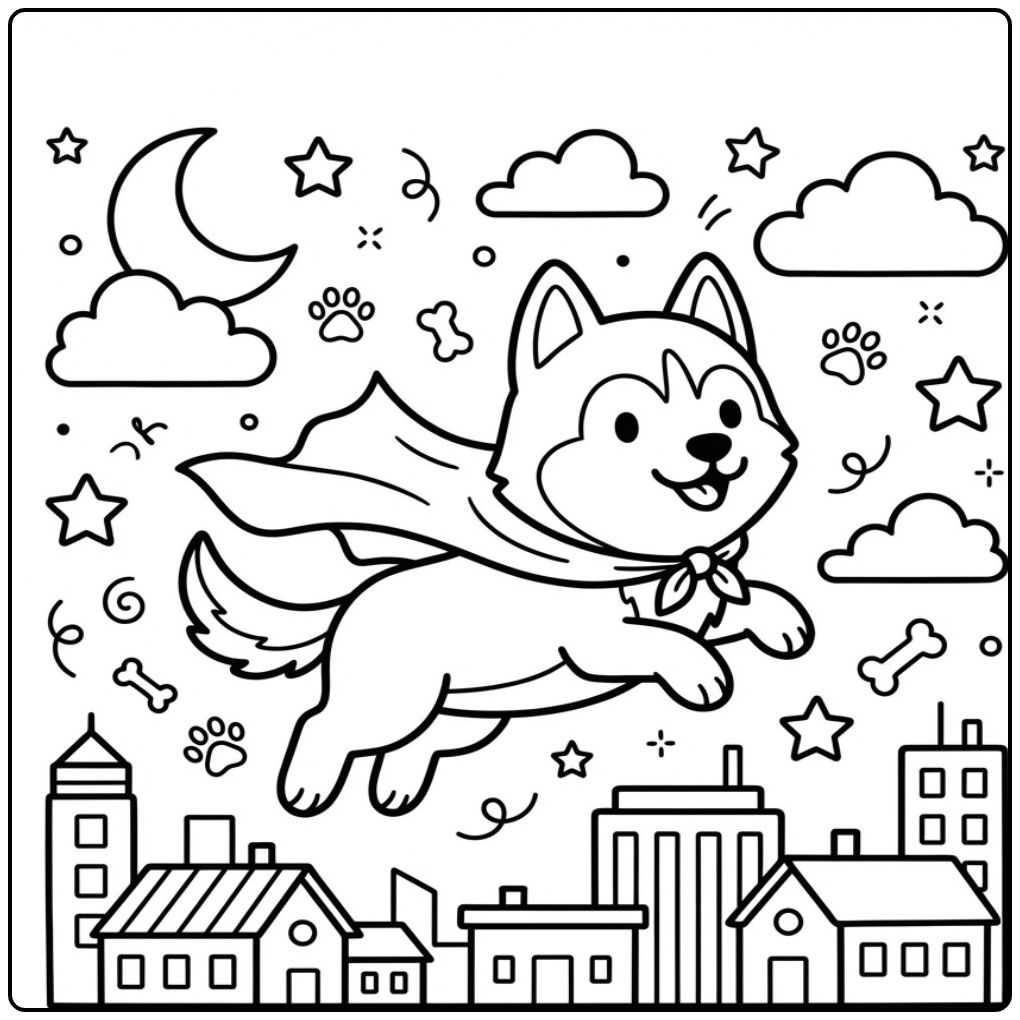 Een vliegende superheld kleurplaat husky met een cape boven de stad.