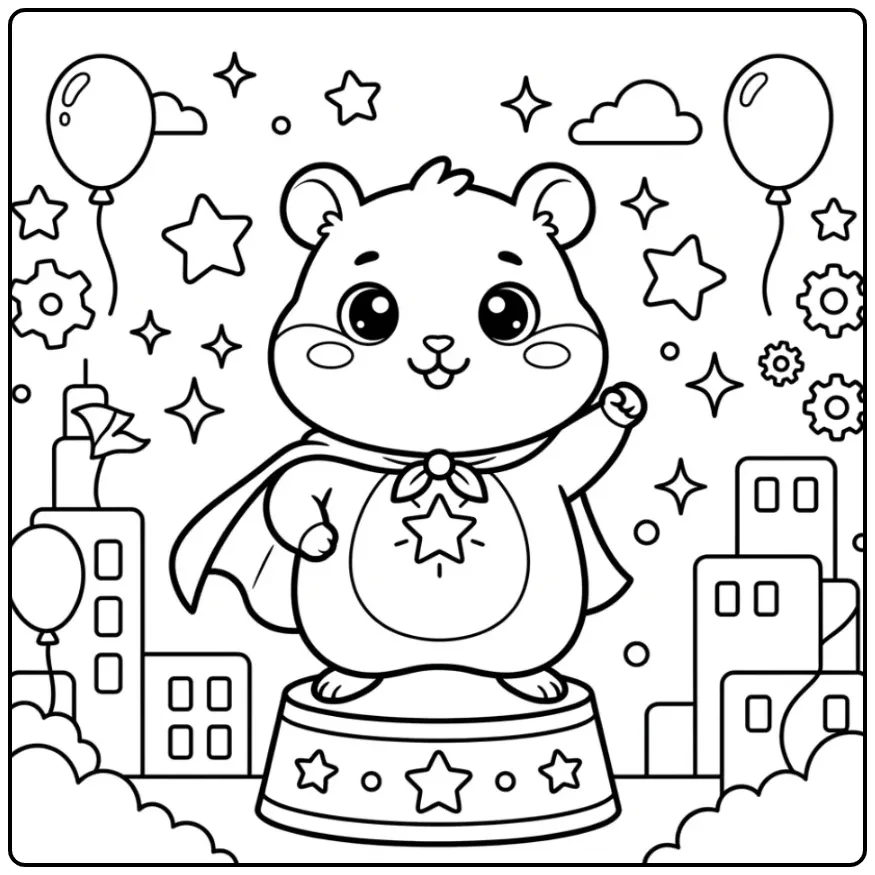 Een kleurplaat kawaii hamster als superheld met een cape.