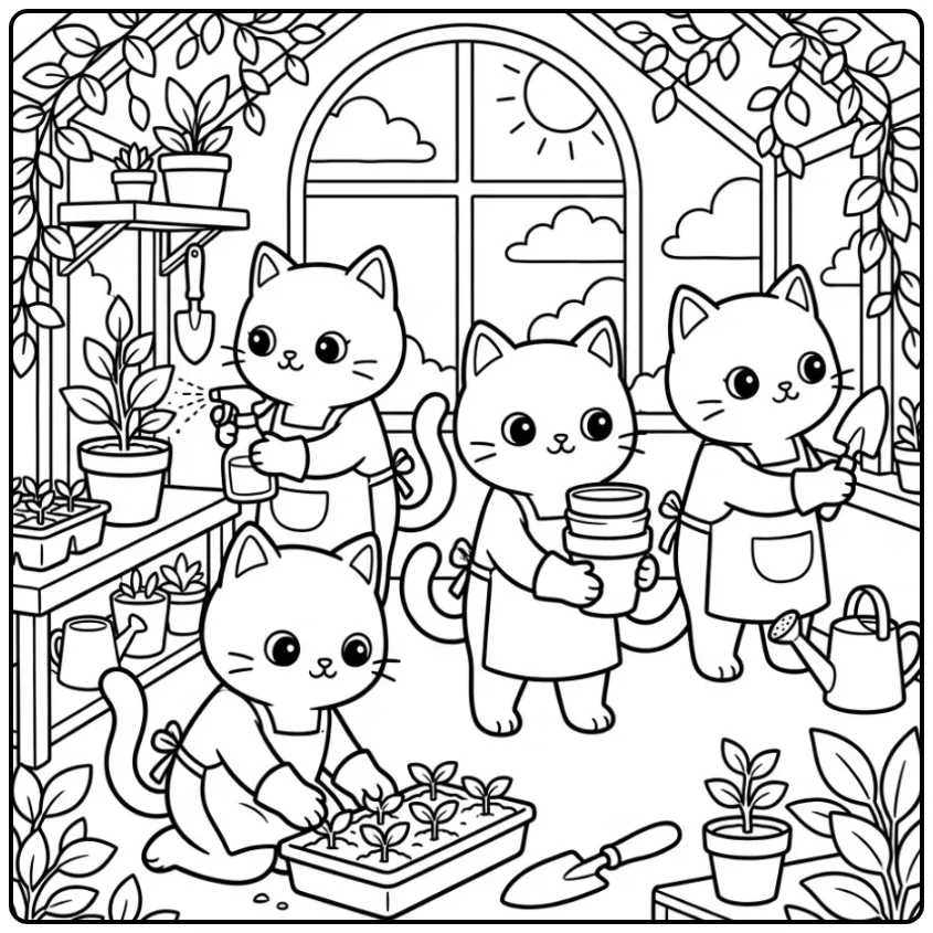 Vier tuiniers op deze leuke katten kleurplaat.