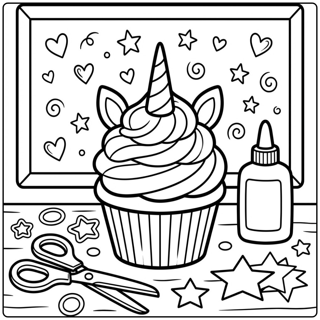Knutselscène met een magische unicorn cupcake kleurplaat.