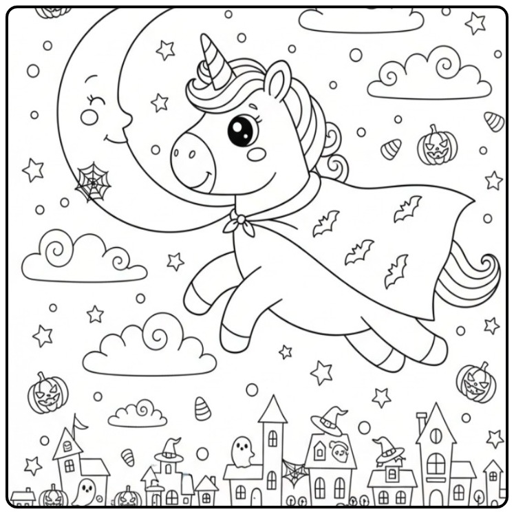 Een vliegende Schattige unicorn halloween kleurplaat met een cape.