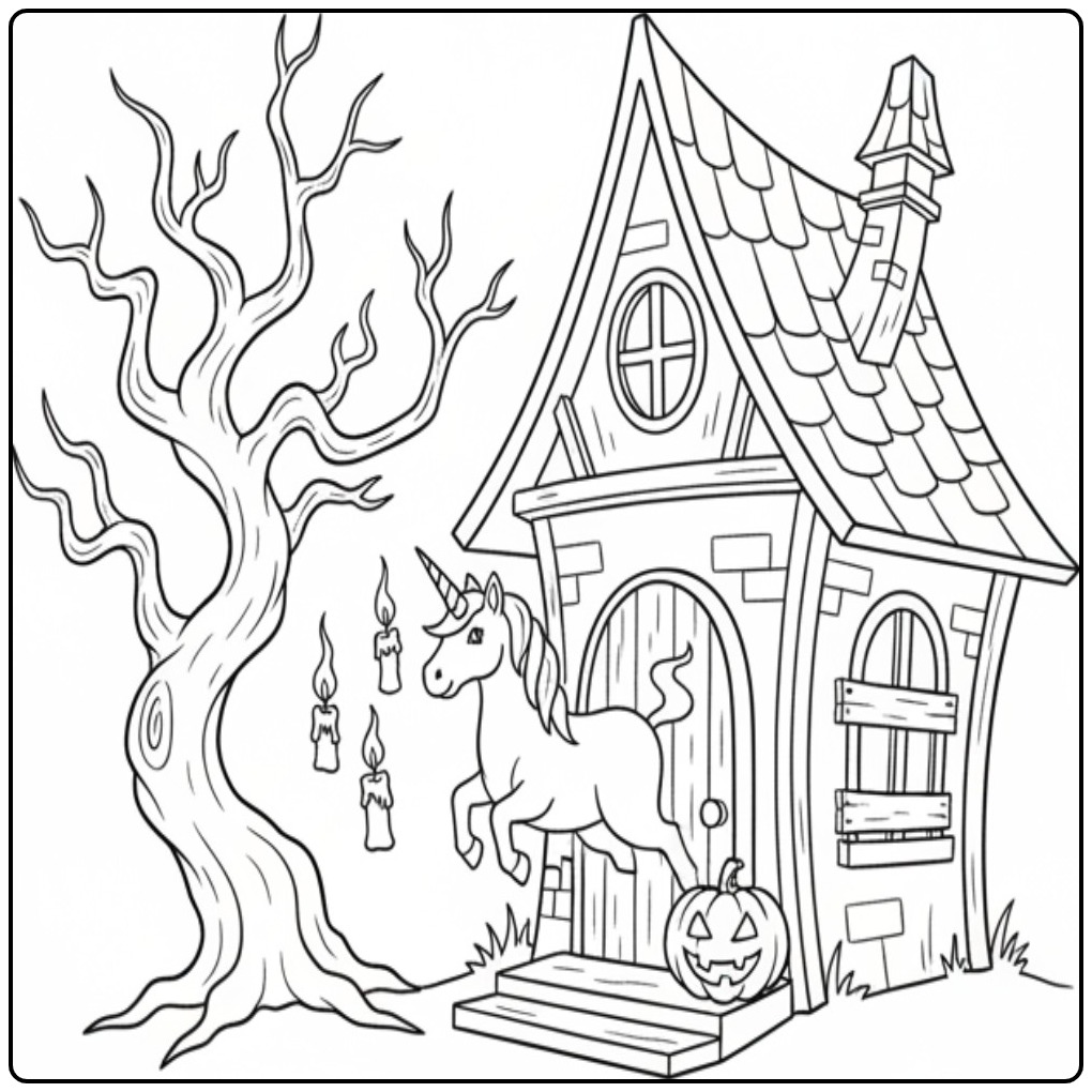 Een magische unicorn halloween kleurplaat bij een spookhuisje.