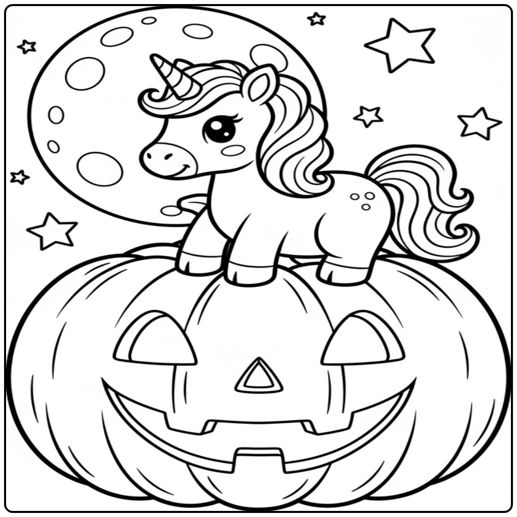 Leuke unicorn halloween kleurplaat met een maan en pompoen.