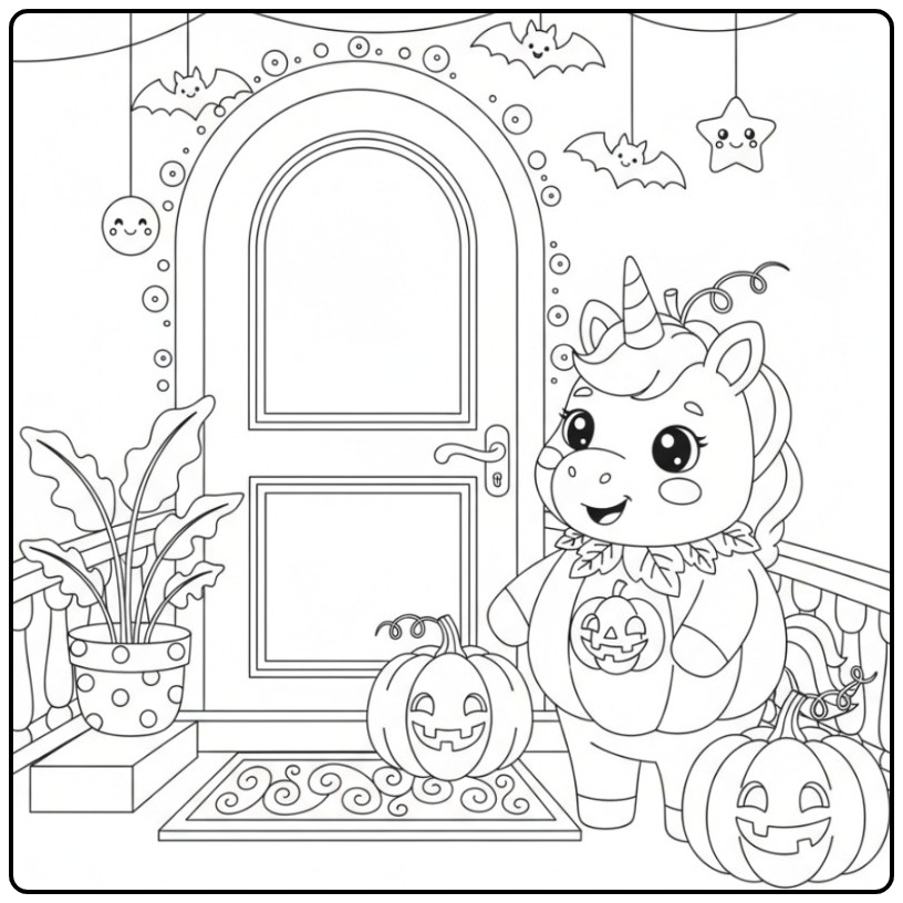 Een vrolijke Schattige unicorn halloween kleurplaat met pompoenen.