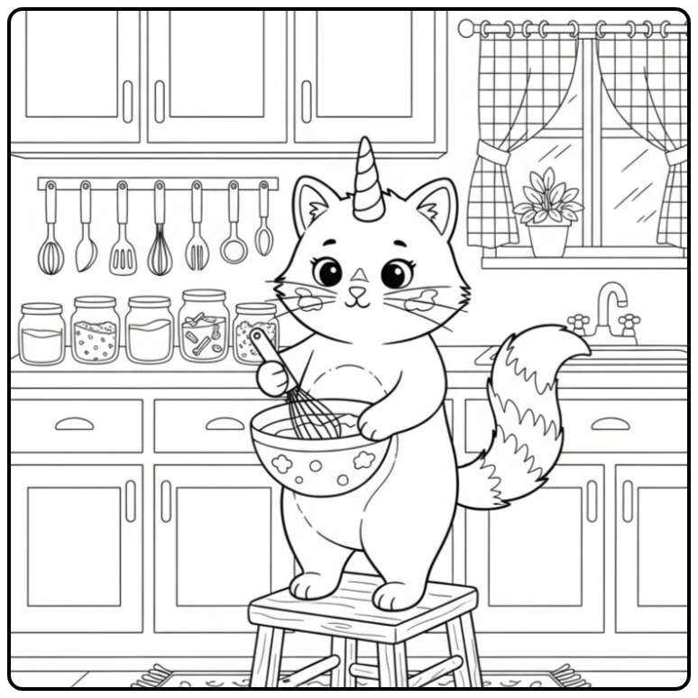 Een leuke unicorn kat kleurplaat die aan het bakken is in de keuken.