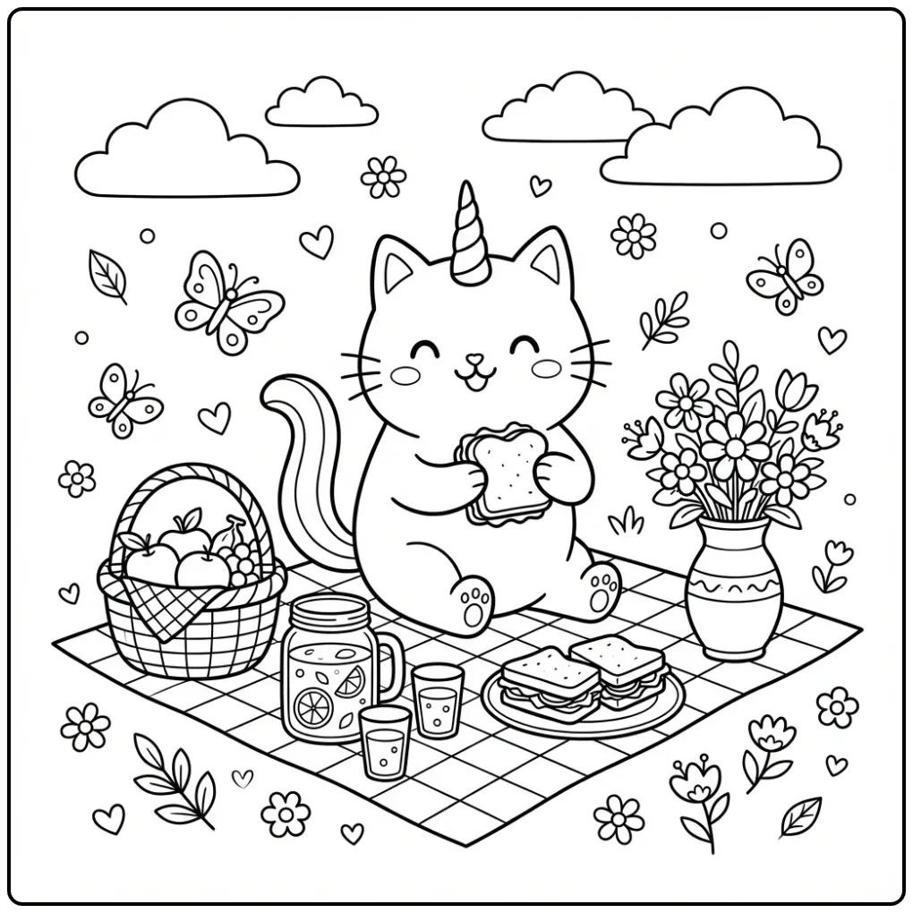 Vrolijke unicorn kat kleurplaat met lekkere picknick.