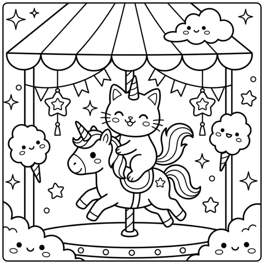 Vrolijke unicorn kat kleurplaat op een draaimolen.