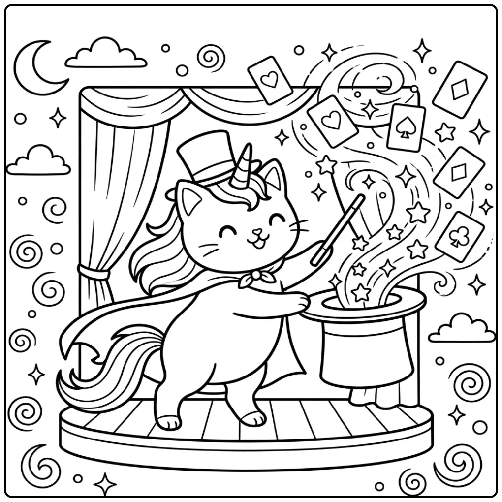 Magische unicorn kat kleurplaat die tovert op het podium.
