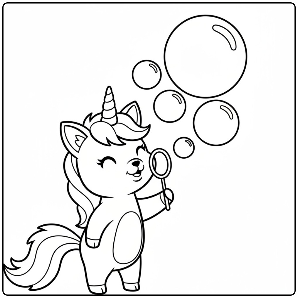 Een vrolijke unicorn kat kleurplaat die vrolijk bellen blaast.