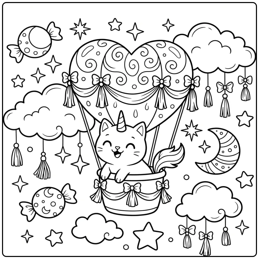 Unicorn kat kleurplaat in een hartvormige ballon.