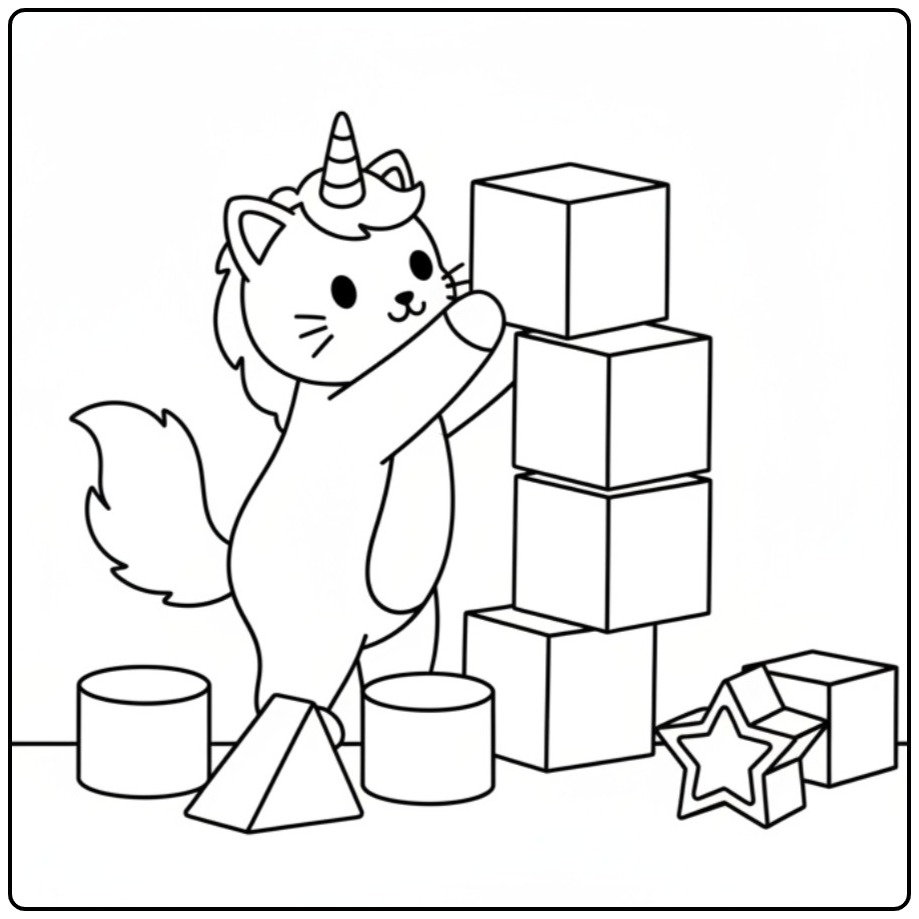 Een speelse unicorn kat kleurplaat die een toren bouwt.