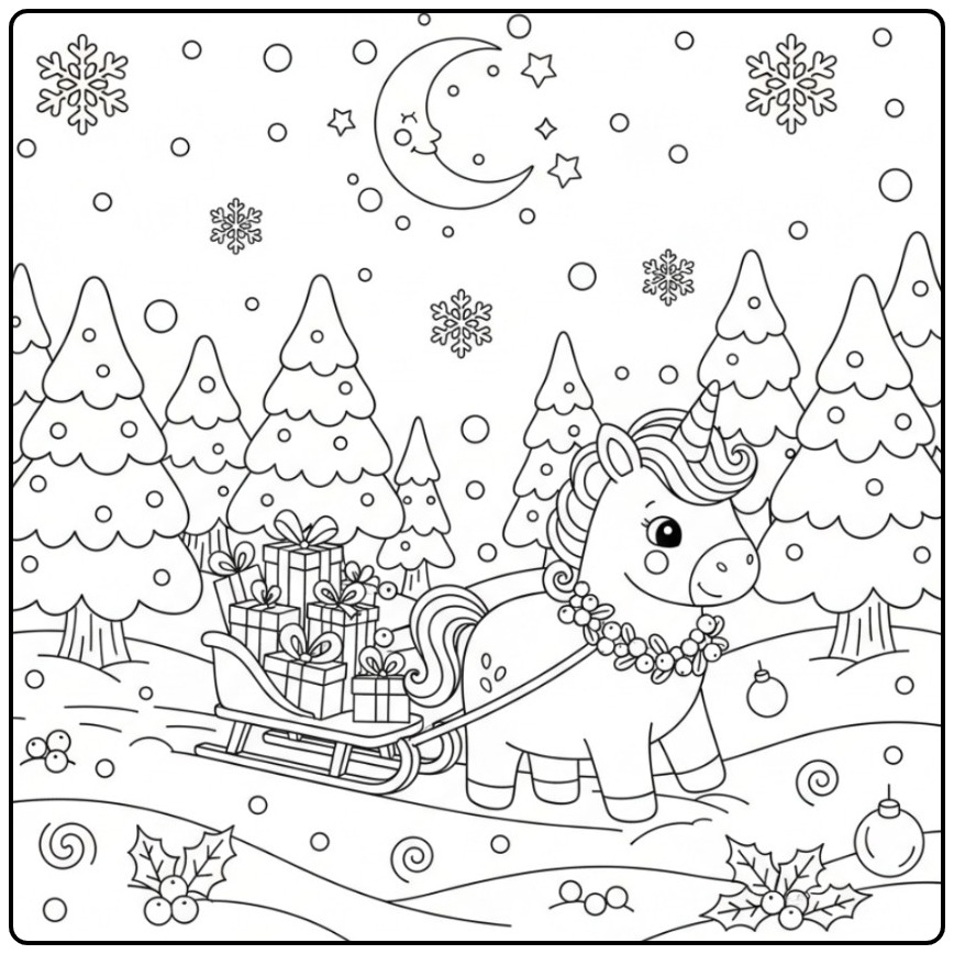 Een Schattige unicorn kerst kleurplaat met een slee vol cadeaus.