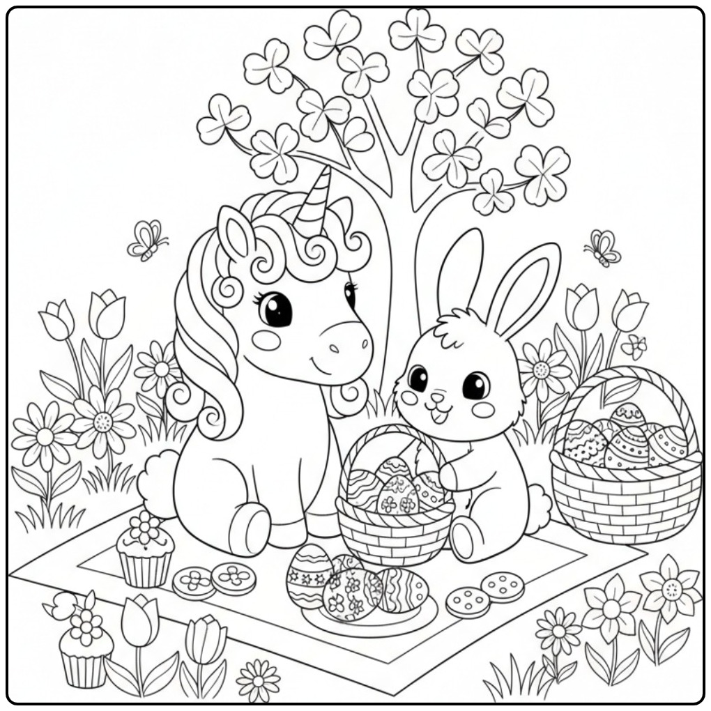 Een schattige unicorn paaskleurplaat met een lief konijntje.