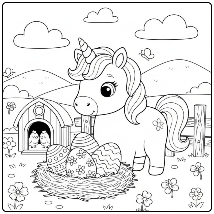 Een schattige unicorn paaskleurplaat met een nest paaseieren.