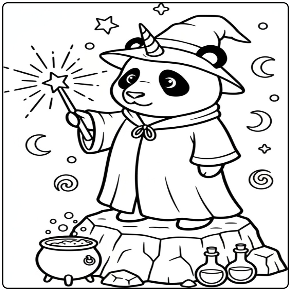 Een magische unicorn panda kleurplaat met een toverstaf.