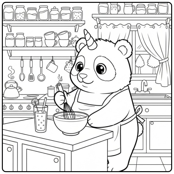 Een lieve unicorn panda kleurplaat van een dier in de keuken.