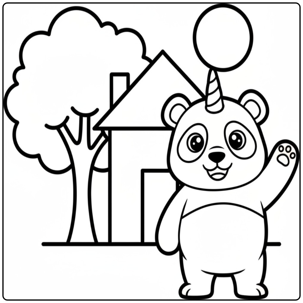 Een vrolijk zwaaiende unicorn panda kleurplaat met een huis.