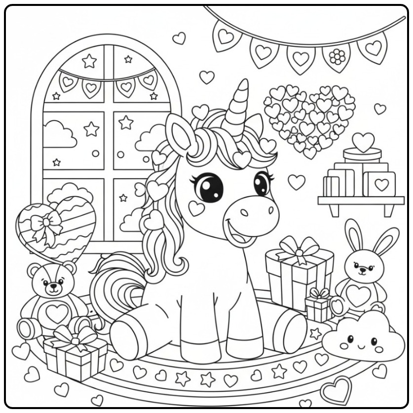 Een vrolijke en Schattige unicorn valentijnskleurplaat met hartjes.