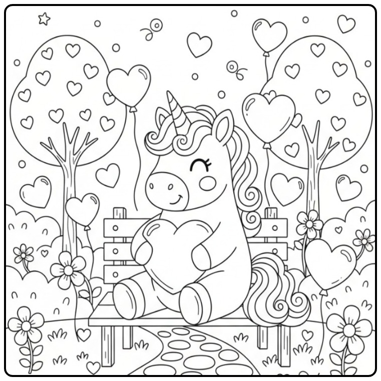 Een Schattige unicorn valentijnskleurplaat in een park met hartjes.