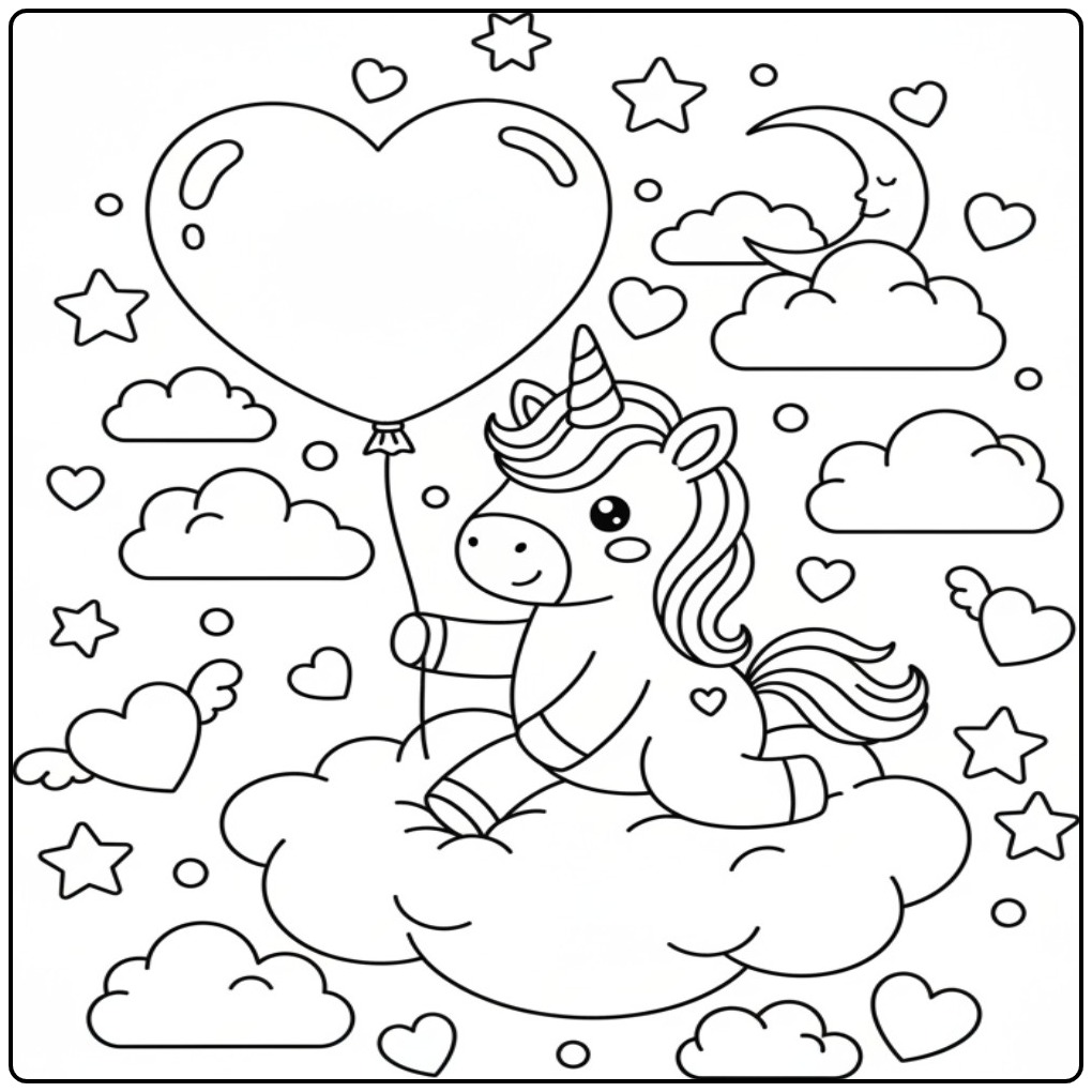 Leuke Schattige unicorn valentijnskleurplaat met een ballon.