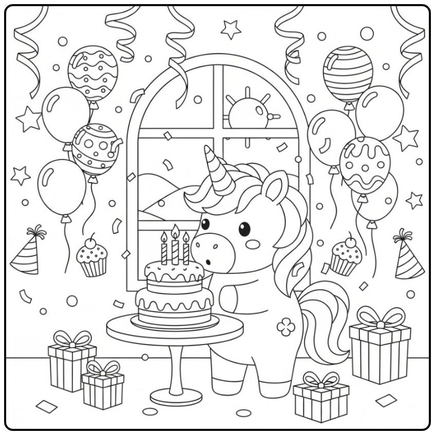 Een schattige unicorn verjaardags kleurplaat met taart en cadeaus.