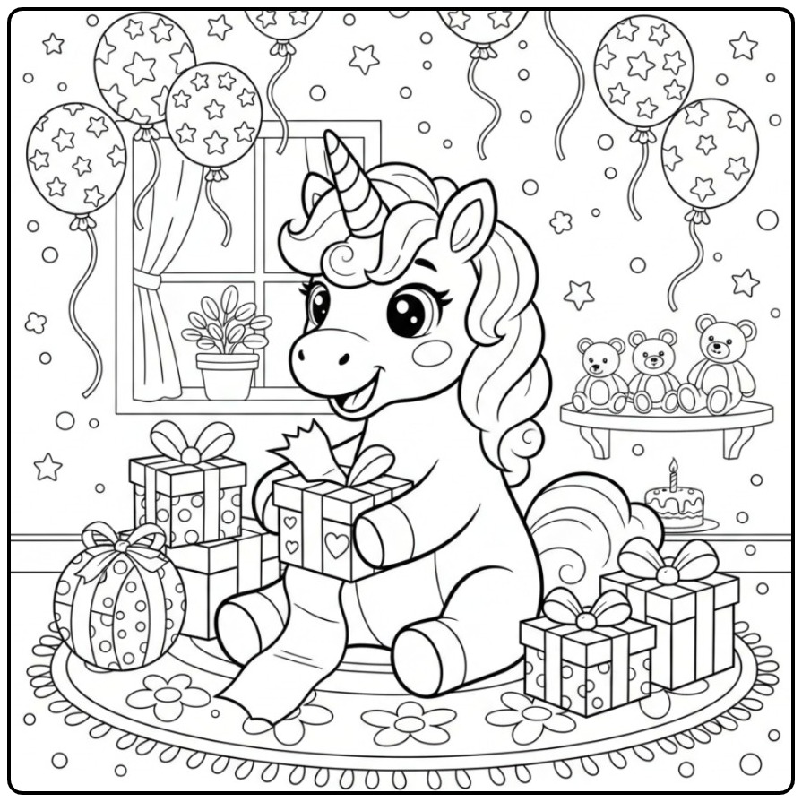 Een Schattige unicorn verjaardags kleurplaat met cadeautjes.
