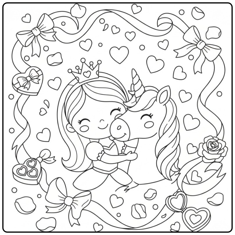 Een lieve Valentijnshartjes prinses eenhoorn kleurplaat knuffel.