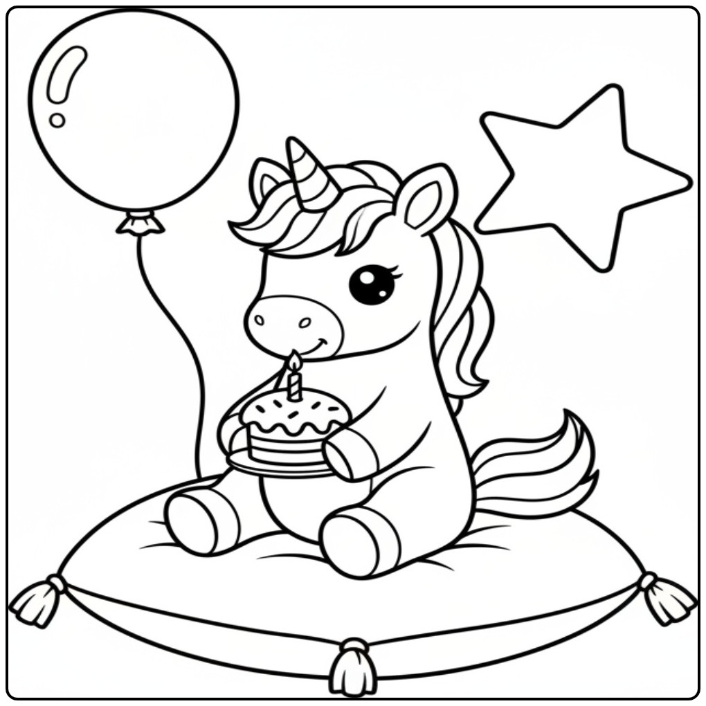 Eenhoorn verjaardag taart kleurplaat eenhoorn zit op kussen met feesttaart.